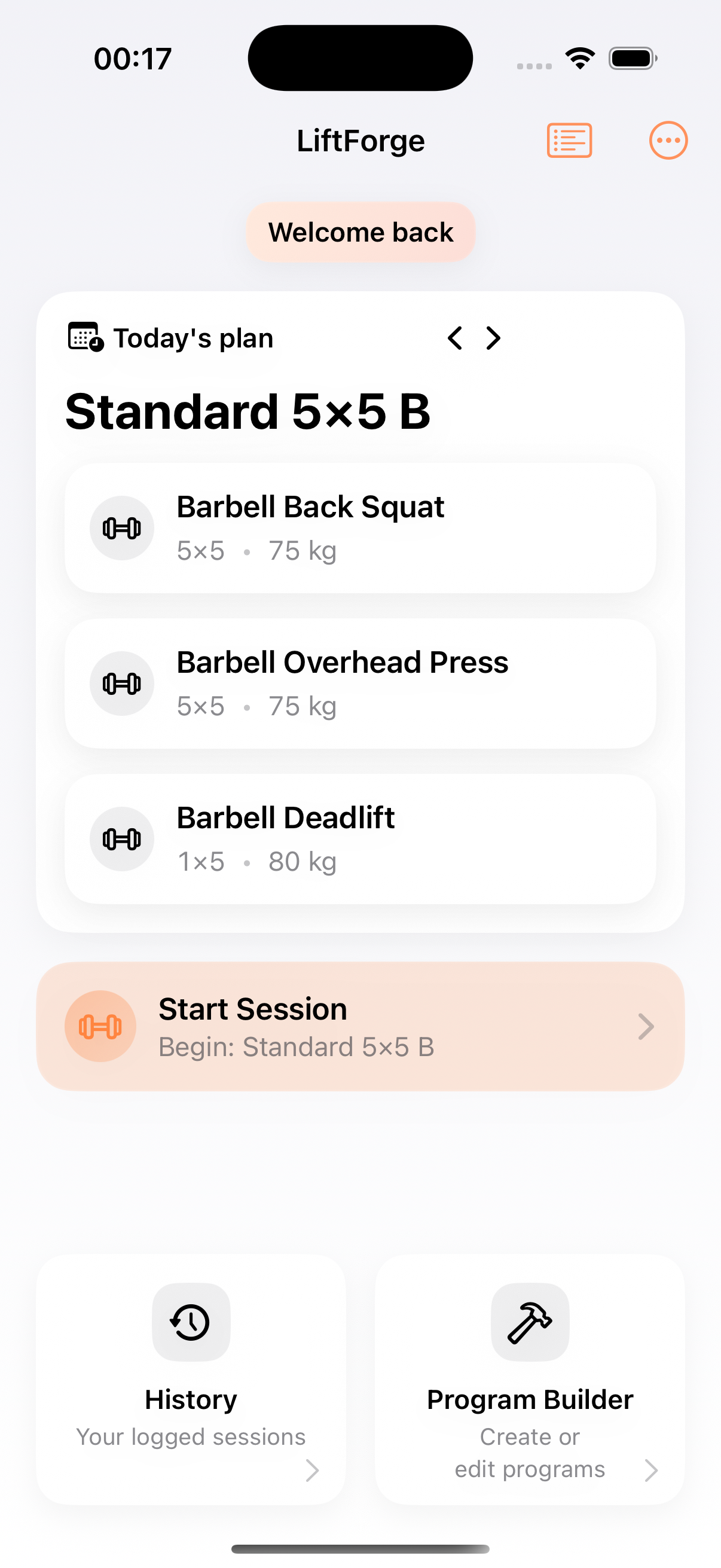 Home showing today's plan and start session