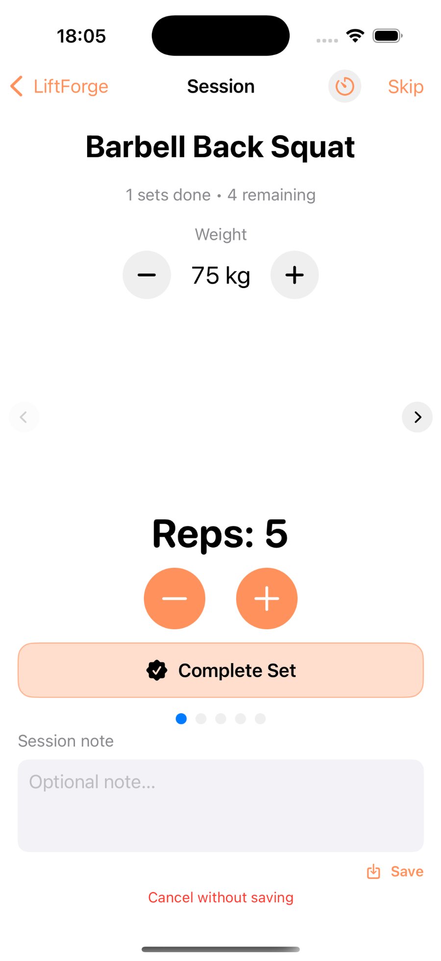 Session with weight, reps and rest timer